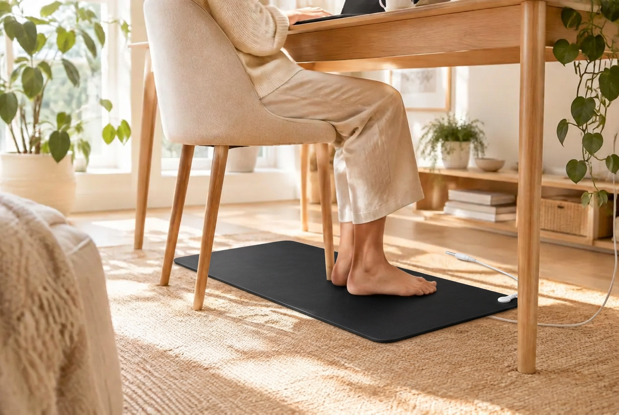 Bare feet resting on the black Everyday Grounding Mat under a wooden desk