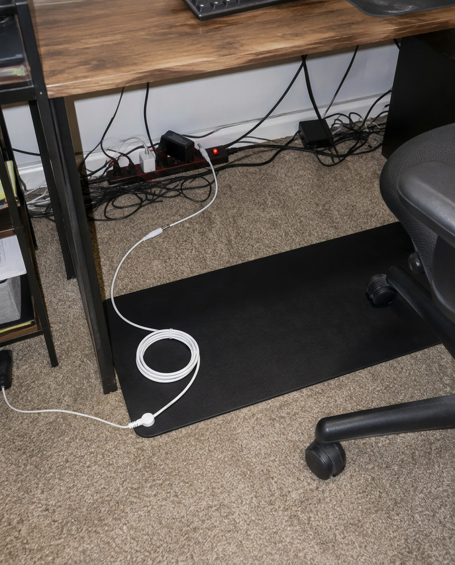 The Everyday Grounding Mat under a real home office desk with cables and an office chair